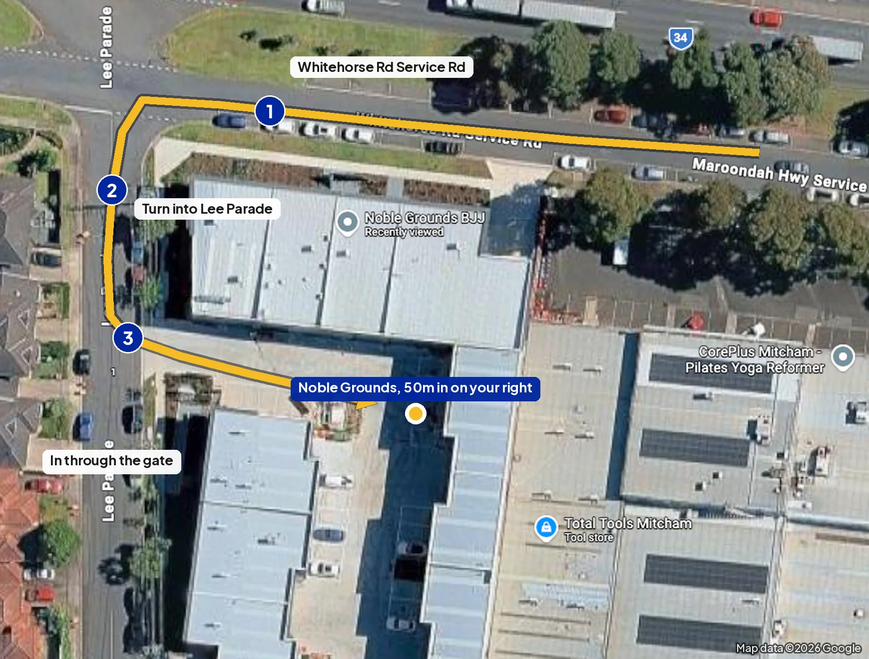 An aerial map with the drive marked: along Whitehorse Road Service Road, into Lee Parade, then in through the gate to the car park, where Noble Grounds is about 50 metres in on the right