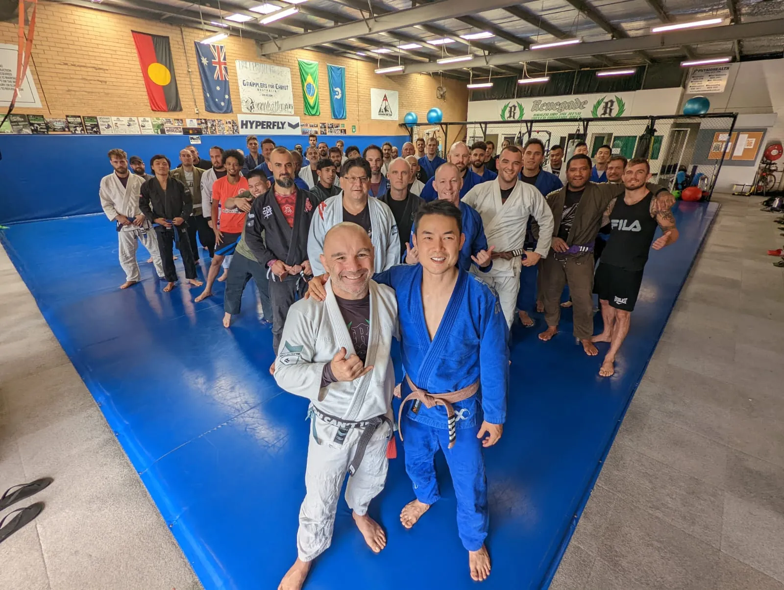 Jason Ng with a full mat of training partners after class